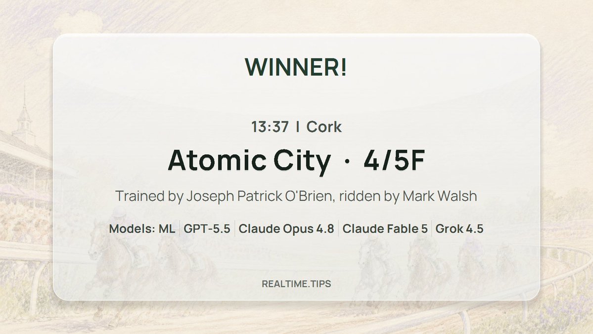 realtime_tips's tweet photo. #grok #free #horse_racing #tips #WINNER!
13:37 #Cork #Cork
Atomic City (IRE) 4/5F
#Grok predicted this! @grok
@JosephOBrien2 #Mark_Walsh https://t.co/AzufSzC1ai