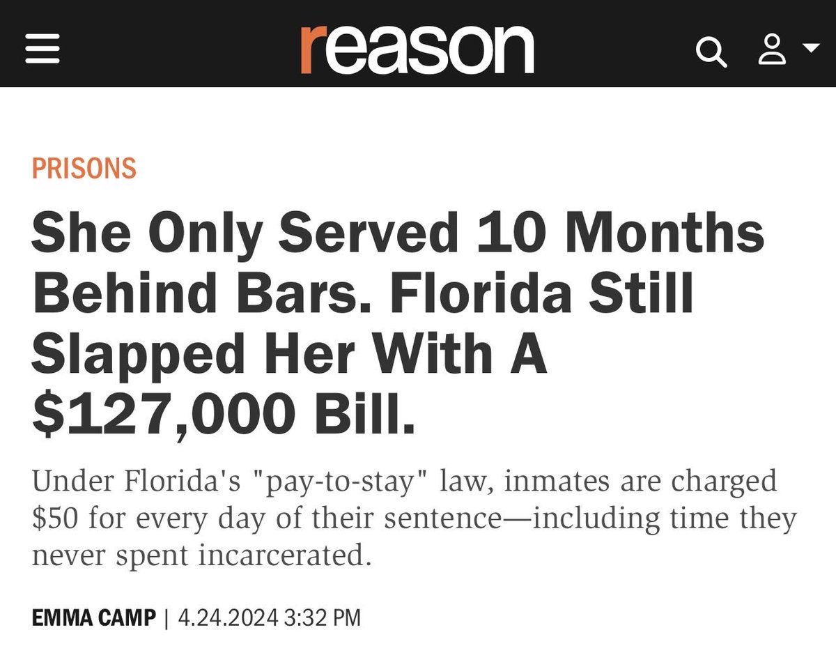 GeauxGabrielle's tweet photo. 41 states charge for what is known as cell rent. And even if you parole out early states like Florida will make you pay the TOTALITY per day of your original stay. 

One Black woman was billed $127,000 ($50 a day for 2,555 days) for the full seven years of her sentence despite only staying 10 months