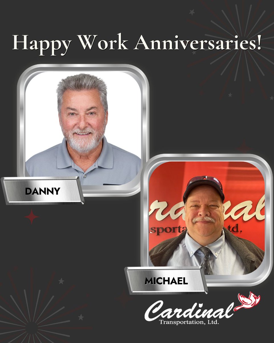 CardinalTrans's tweet photo. Two drivers, five years each and plenty of miles along the way! We’re celebrating Danny and Michael and the dedication they’ve brought to Cardinal Transportation over the years. Thank you both for everything you do! https://t.co/zvmySicRMh