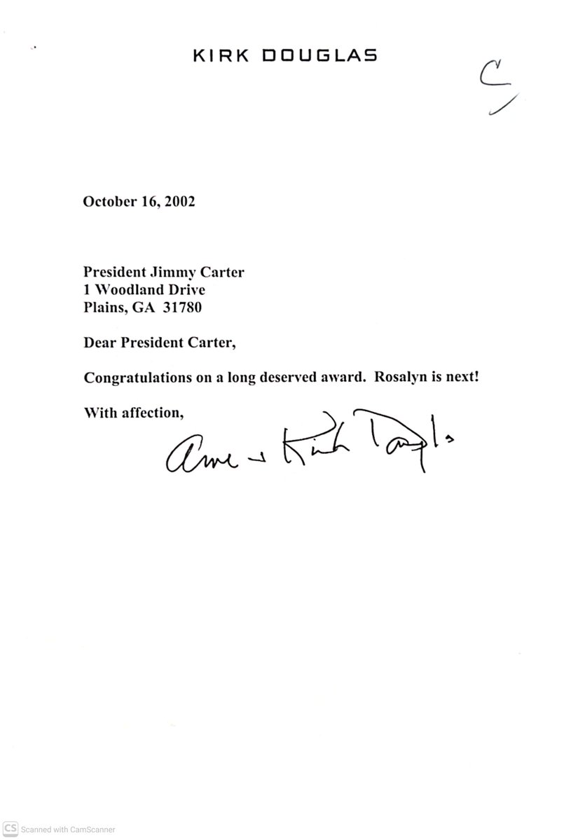 CarterLibrary's tweet photo. #OTD 2002, the Norwegian Nobel Committee announced Jimmy Carter would receive the Nobel Peace Prize. Messages flooded his inbox, including from Anne and Kirk Douglas (shown).

The Nobel Peace Prize Files series is open for research. Email carter.library@nara.gov for more info. https://t.co/fGBQuP4Lz8