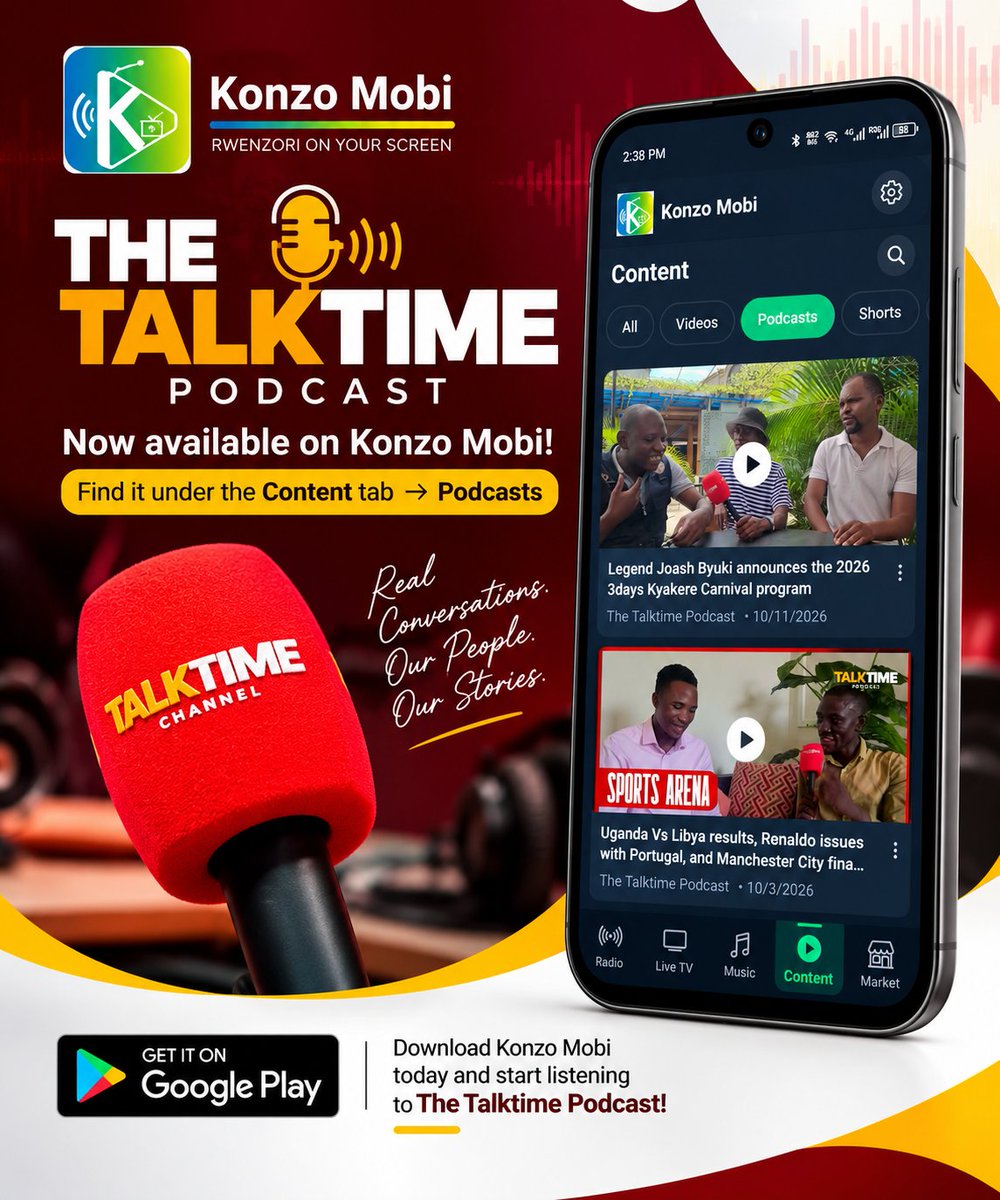 KonzoMobi's tweet photo. The Talktime Podcast is now on Konzo Mobi! 

Enjoy real conversations, local stories, sports, and engaging discussions right from your phone.

Open Konzo Mobi -> Content -> Podcasts and start watching!

Your stories. Your voices. Your platform.

#KonzoMobi  #Rwenzori  #Podcasts https://t.co/FVvX1NH3H9