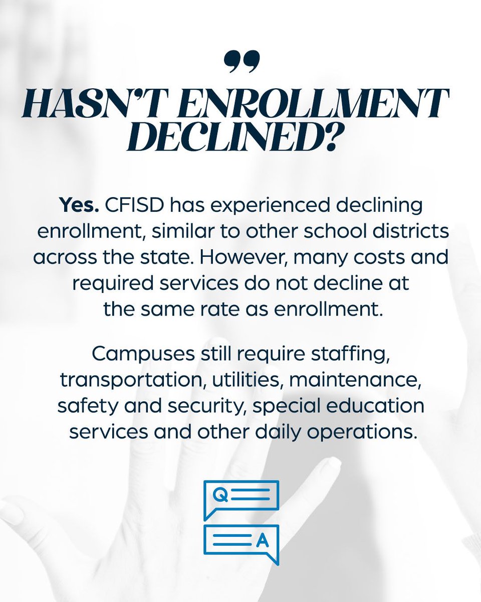 CyFairISD's tweet photo. We hear you.
“If enrollment is declining, why is funding needed?”
Student enrollment and district operating expenses are different measures. CFISD continues to manage the costs of day-to-day operations as enrollment changes.
Learn more about Proposition A.
https://t.co/ipXmJZFFf1 https://t.co/tWK6CXYPoJ