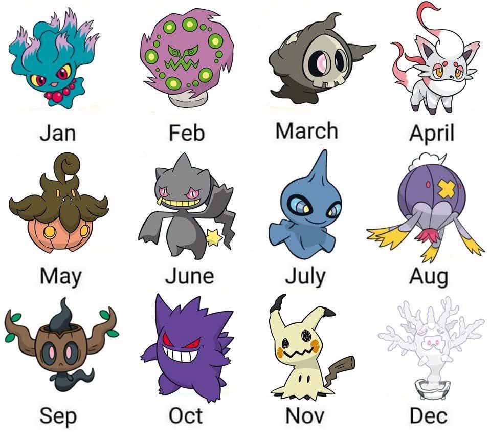 UniteVids's tweet photo. Your birth month is the Pokémon you are (spooky version) https://t.co/l3QckjdgeF