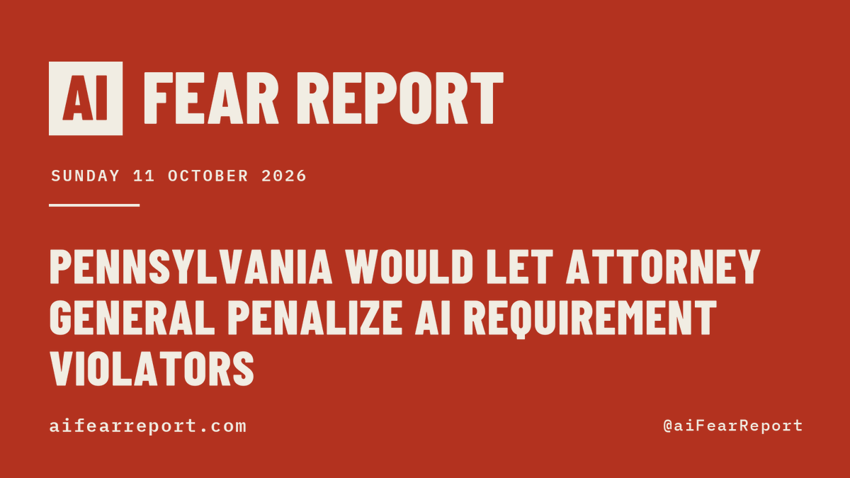 aiFearReport's tweet photo. Here is how your fear of AI is being used to centralize power today.

Pennsylvania would give the Attorney General the power to penalize frontier developers that violate requirements for the artificial intelligence they create. Not passed.

171 measures in 40 jurisdictions would require a label, watermark, or disclosure on AI content, or a notice to the people AI is used on.

29 measures in 18 jurisdictions cite the fear that AI is taking people's personal data.

2,248 measures tracked. 756 carry a control, and they would hand new power to 100 offices.