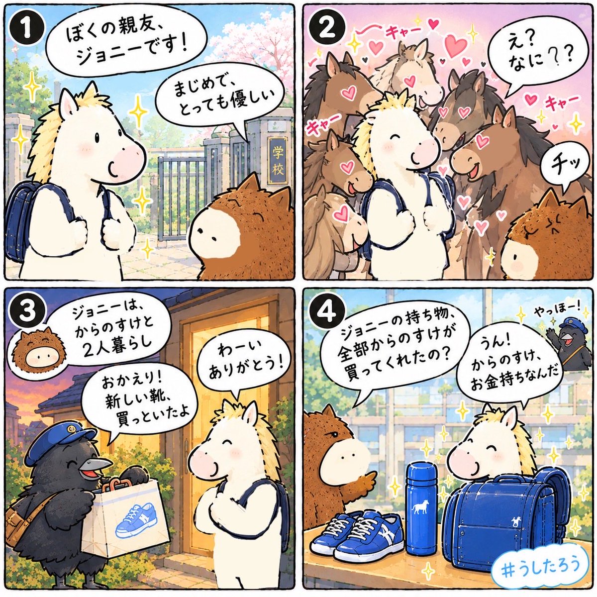 ushitaro_uma's tweet photo. ジョニーの紹介🎠
#うしたろう #創作キャラ #漫画が読めるハッシュタグ #4コマ漫画 https://t.co/TcSjNT458m