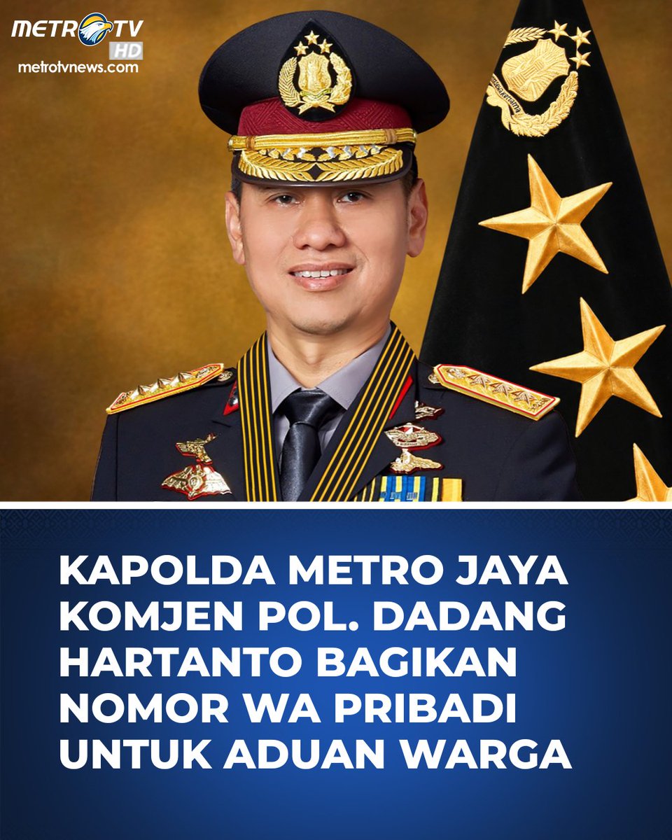 Metro_TV's tweet photo. Kapolda Metro Jaya yang baru membagikan nomor WhatsApp pribadinya kepada masyarakat sebagai sarana aduan langsung. Langkah ini diambil untuk mempercepat penanganan berbagai keluhan publik, meningkatkan transparansi, serta memangkas birokrasi antara kepolisian dan warga Jakarta dan sekitarnya.

Melalui nomor 08118129494 masyarakat diharapkan dapat lebih mudah melaporkan gangguan kamtibmas maupun menyampaikan masukan terkait pelayanan kepolisian.

#KapoldaMetroJaya #PoldaMetroJaya #LayananMasyarakat #AduanWarga #InfoJakarta #PolriPresisi #BeritaTerkini