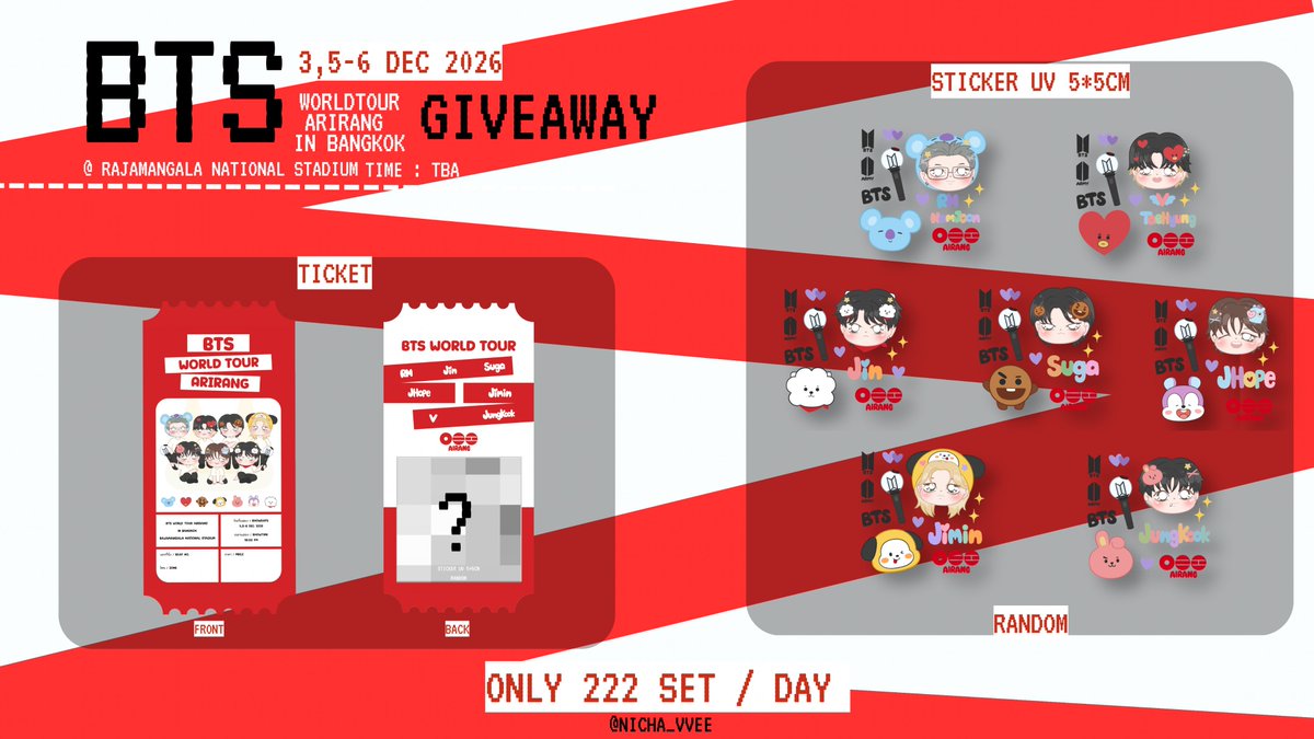 nicha_vvee's tweet photo. ⋆pls kindly rt &amp; fav⋆

                 ⋆𝙂𝙄𝙑𝙀𝘼𝙒𝘼𝙔⋆

📌  : BTS ARIRANG IN BANGKOK
🗓  : 3,5-6 DEC 2026
🏟  : Rajamangala National Stadium
🕓  : TBA

𝙏𝙄𝘾𝙆𝙀𝙏 &amp; 𝙎𝙏𝙄𝘾𝙆𝙀𝙍 𝙐𝙑 𝟮𝟮𝟮 𝙎𝙀𝙏/𝘿𝘼𝙔

Thai army only!🇹🇭

#BTS_ARIRANG_BANGKOK
#BTS_WORLDTOUR_BANGKOK https://t.co/h0QxkPtILZ