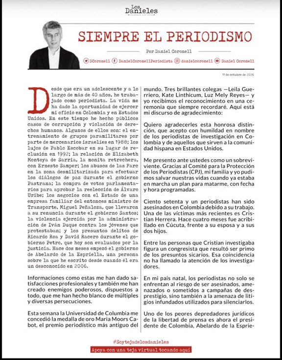 GustavoBolivar's tweet photo. Estudiantes de periodismo, no dejen de leer esta columna de @DCoronell y en lo posible sigan su ejemplo. Si estudiaron esta carrera para ganar un salario arrodillados a los intereses de sus jefes, están a tiempo de cambiar de facultad. https://t.co/6CSdV2jh2q