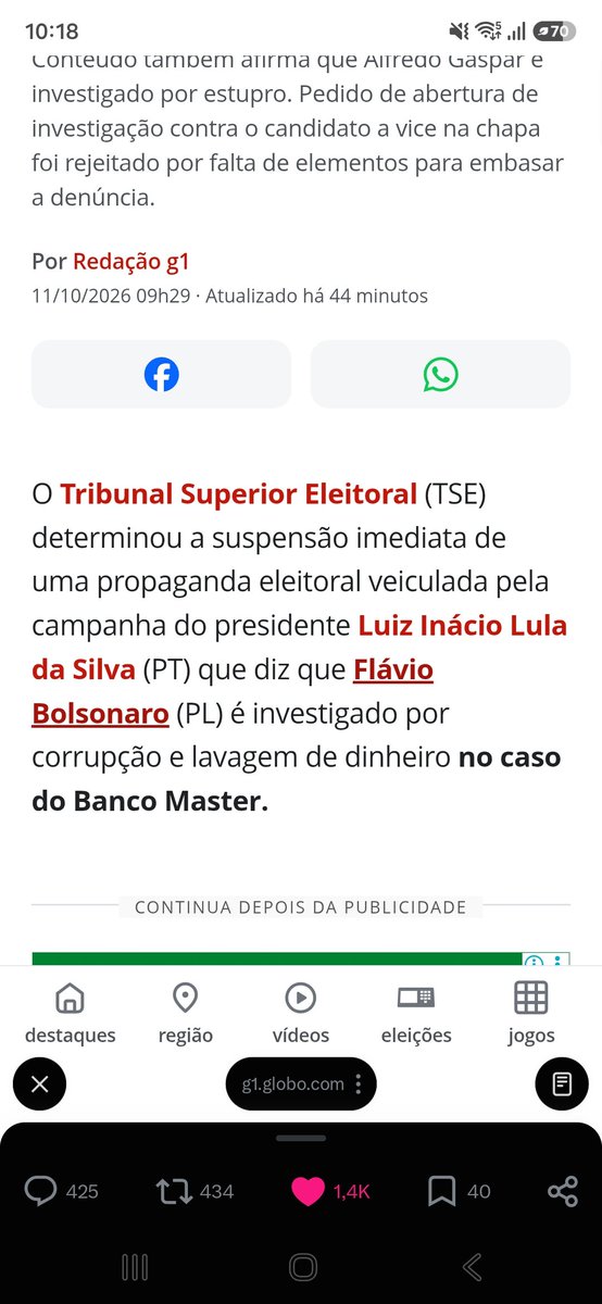 MaxVieira's tweet photo. @g1 Título  Tse  suspende propagannpor fala que Flávio  é  investigado? Aí no.meio do testo "Flávio  investigado pela  PF"!! O poste mijando no  cachorro!! https://t.co/FLFkcAfKxd