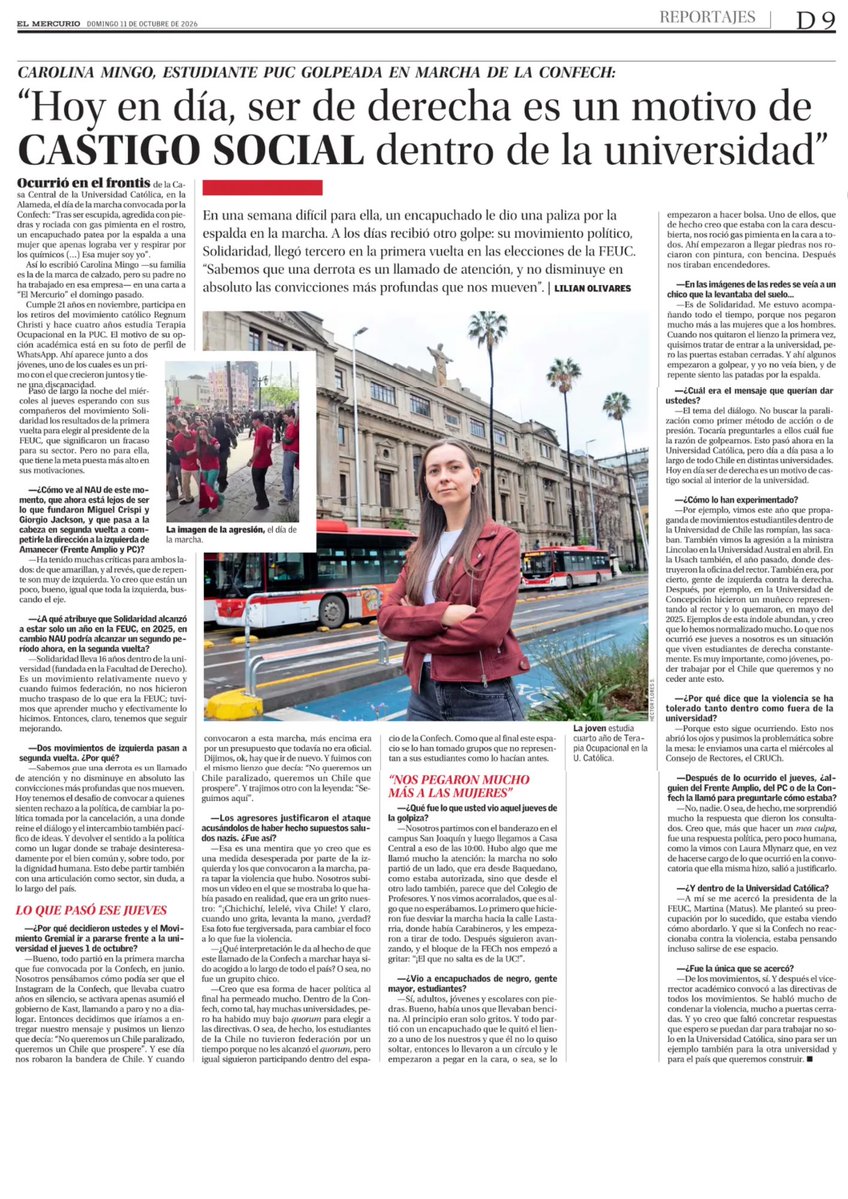kevinestebancg's tweet photo. Gran entrevista de Carolina Mingo, estudiante agredida en marcha Confech y coordinadora de @SolidaridadUC, dando cuenta de la realidad que se vive en las universidades del país. Urge ponerle freno a la violencia política dentro y fuera de las aulas de clases 👇🏻 https://t.co/bwBl45zXFO