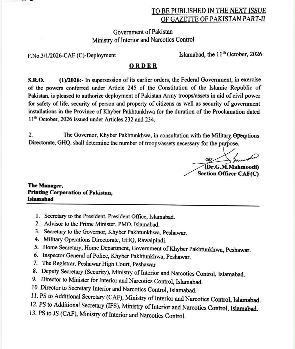 ShazadAkbar's tweet photo. A Sindhi landlord signs off on the theft of the people’s mandate, on the advice of a Punjabi industrialist and under the instructions of a Punjabi (retired) general.
This order may not be the first, and it certainly will not be the last. However, what Pakistan has done to Khyber Pakhtunkhwa (KP) today is reminiscent of what it did to East Pakistan in 1970. Back then, a drunken general decided to steal the people’s mandate. It ended disastrously, with the dismemberment of Pakistan.
Today’s dictator, wearing holy scriptures on his sleeves, has done far worse, and he will not stop here. Next comes slicing the cake into smaller units, keeping the money close to GHQ through the creation of new provinces and the reversal of the NFC Award!
One wonders where Zardari and Bhutto will hide when that happens. Who will come to their rescue?
Now, the military will openly extract minerals and wage never-ending wars in the name of peace.
Only the people of Pakistan can change their fate by rising up against the tyrant and his pygmies.