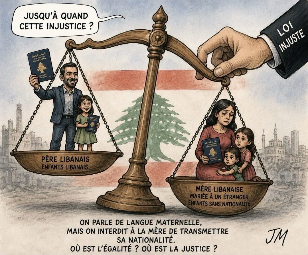 DruartJeanMich1's tweet photo. 🇱🇧⚖️ Une libanaise épouse un étranger, et soudain, ses enfants deviennent des étrangers…
L’égalité n’est pas un cadeau, 
la Justice n’est pas une faveur et…la nationalité ne doit pas être un privilège réservé aux seuls hommes.
Jusqu’à quand faudra t-il attendre que la loi libanaise reconnaisse la mère autant que le père ?
-texte adapté du Dr Jinane Milelli-

👉 Au Liban, c’est très simple et les rôles sont ainsi répartis :
La mère porte l’enfant et le père porte la nationalité !
9 mois de port d’un côté et LONG comme l’éternité de l’autre…
Il serait tout de même temps que se termine cette mauvaise plaisanterie !!! 🙏

Illustration @JinaneMilelli