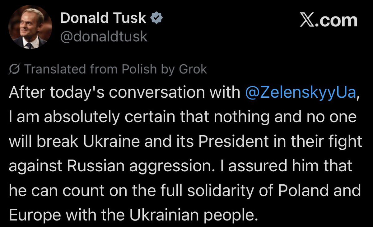 Tendar's tweet photo. Poland‘s Prime Minister Tusk had a phone call with Ukrainian president Zelenskyy. He made the following statement afterwards:

„After today's conversation with President Zelenskyy, I am absolutely certain that nothing and no one will break Ukraine and its President in their fight against Russian aggression. I assured him that he can count on the full solidarity of Poland and Europe with the Ukrainian people.“