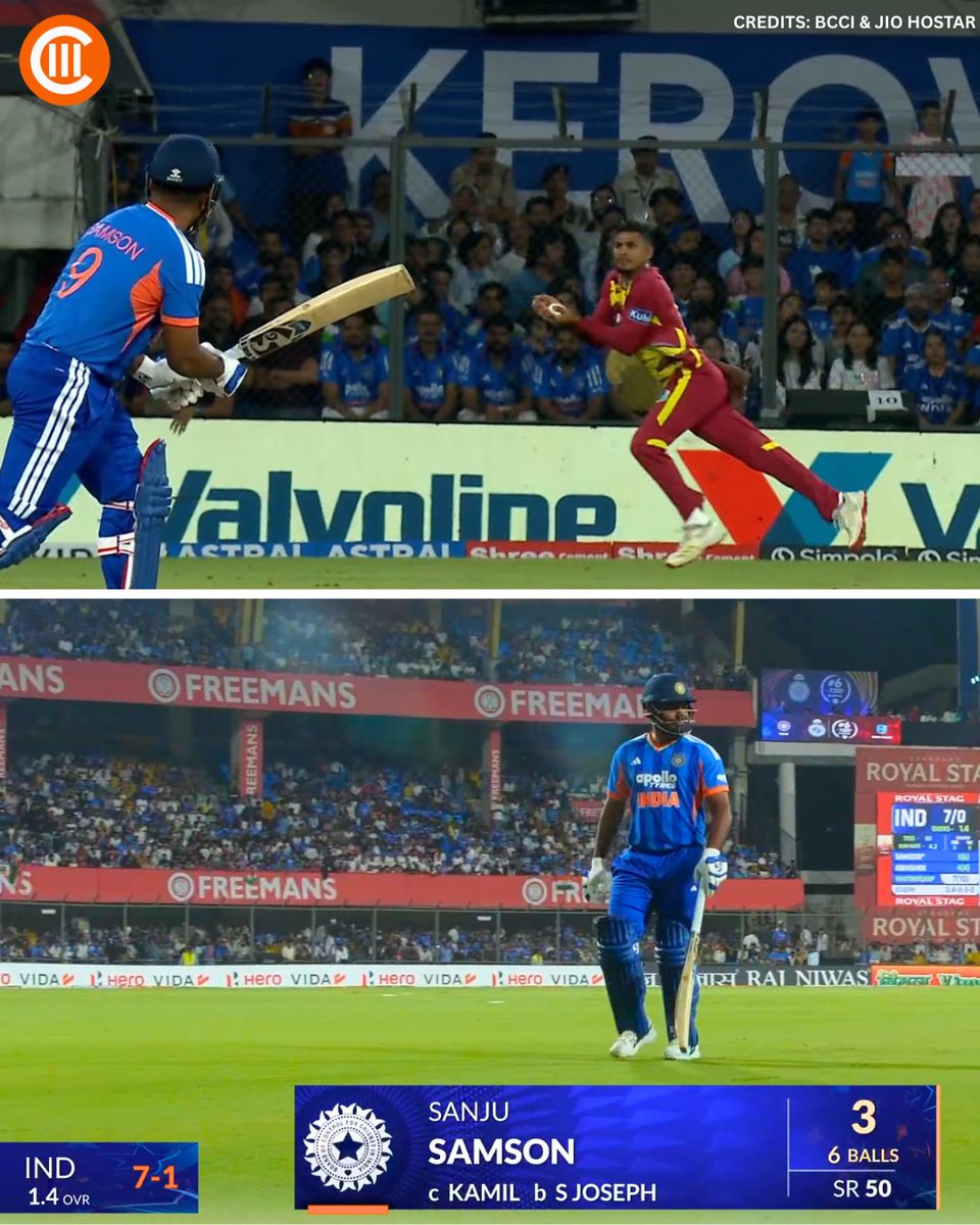 crickrate's tweet photo. Early blow for India! 💔

Sanju Samson departs for 3 as Shamar Joseph strikes. India lose their first wicket at 7/1 in 1.4 overs! 🇮🇳

#INDvWI #Crickrate #T20I https://t.co/m4LICLAuh0