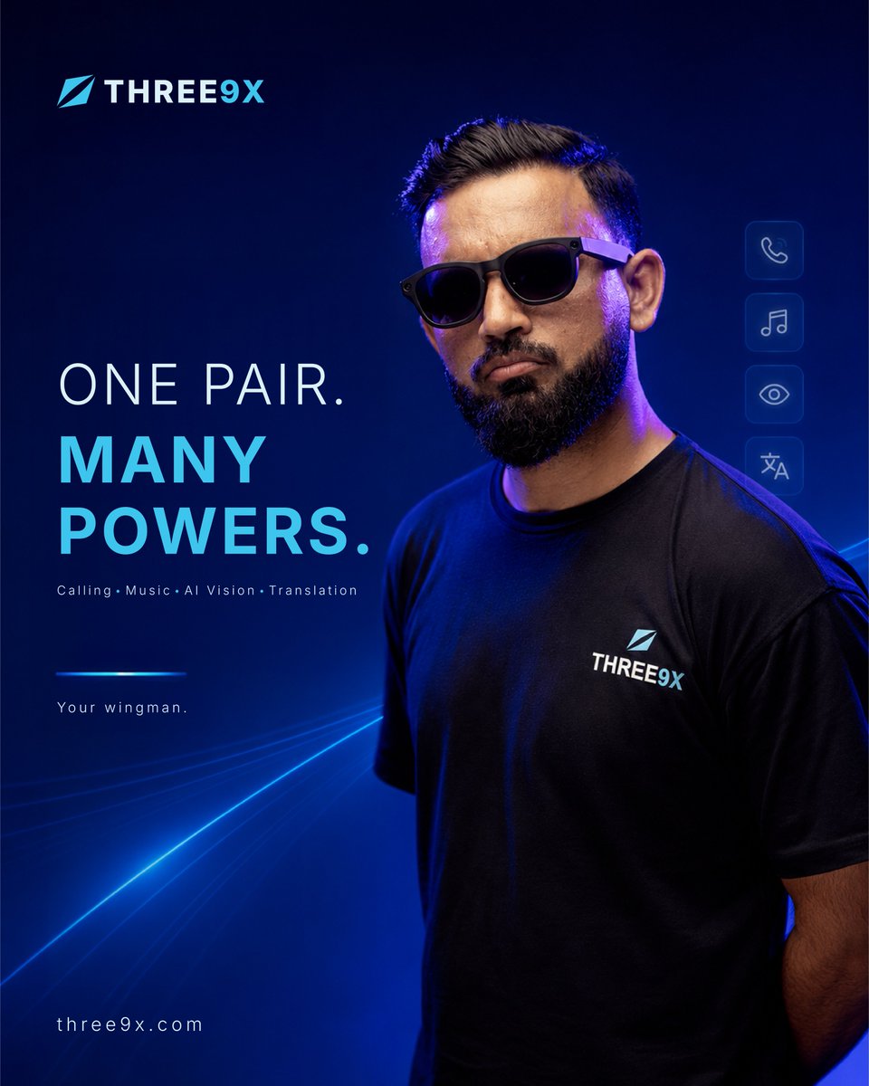 three9xtech's tweet photo. One pair. A lot going on.
Calls, music, AI vision and translation — right where you need them.

#THREE9X #YourWingman #AISmartGlasses #SmartEyewear #WearableTech https://t.co/2wcNGravRy