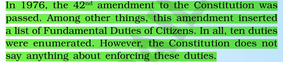 GoNcerts's tweet photo. ⚖️ Fundamental Duties came via the 42nd Amendment (1976), with 10 duties at first.
⚠️ The Constitution says nothing about enforcing them.
💡 Today there are 11. The 86th Amendment (2002) added the 11th.
#UPSC #NCERT #Polity #FundamentalDuties https://t.co/Ad1lQgYSDR