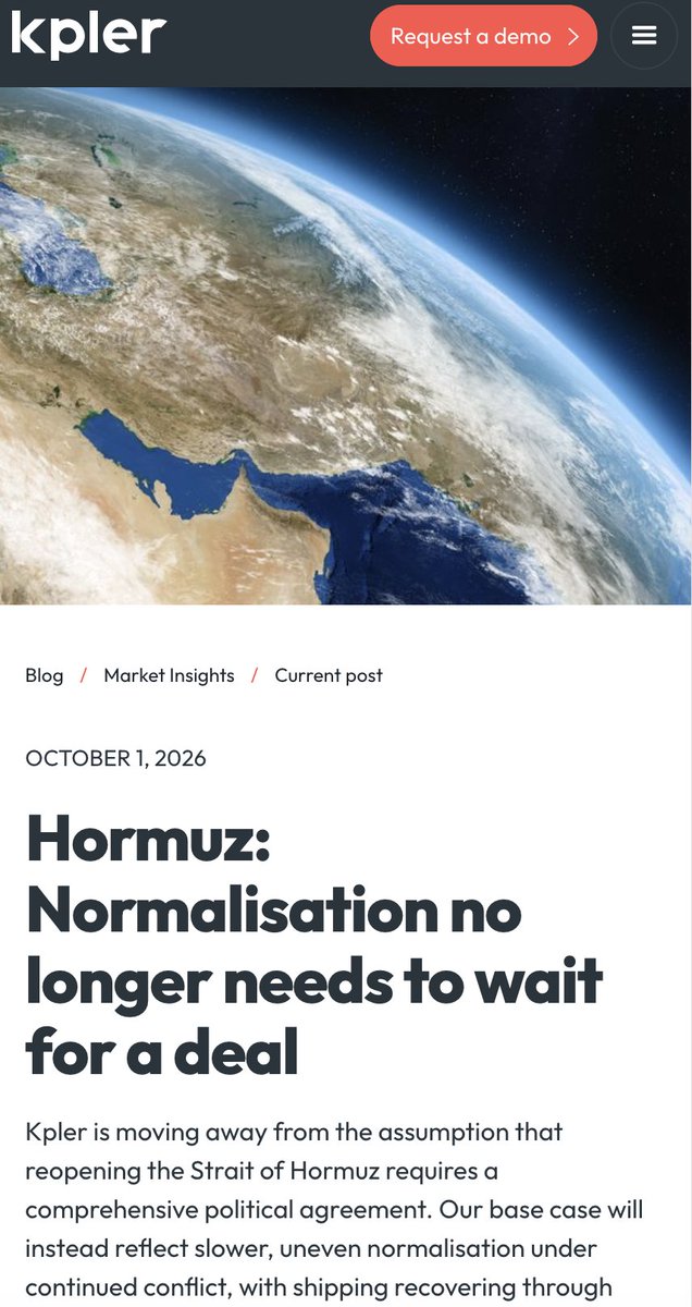 SinaToossi's tweet photo. It's been truly surreal to see groups like @Kpler &amp; others to stake their credibility on Trump’s claims of Hormuz “normalization” as tankers are being blown up, freight rates hit $1.4M a day and Trump literally has to cut a diesel *deal* with Putin to ease the crisis. https://t.co/acugCUzQDv