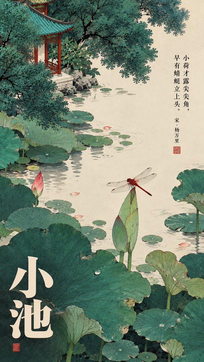 MrLarus's tweet photo. 🤯 用 Images 2.5 把唐宋诗词画活了！新中式插画真的太有味道了！

细线设色、青绿飞檐、云团树冠，连诗里的动作和故事都画出来了！

1. 游园不值：一枝红杏，越墙而出
2. 小池：荷尖初露，蜻蜓停驻
3. 清明：细雨古道，牧童遥指
4. 乌衣巷：旧宅飞燕，归入寻常

✨ 很适合古诗词海报、文旅视觉和传统文化设计参考！

提示词在评论区👇