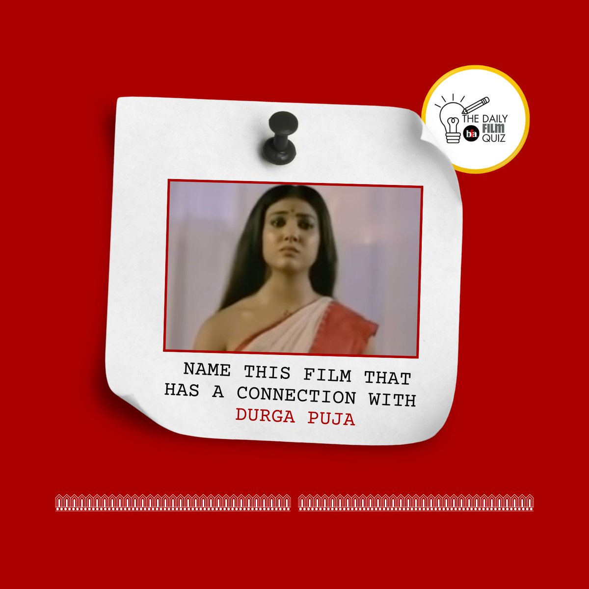 BFABengal's tweet photo. Spot the film! This exact frame doesn't feature the festive sounds of dhak or the grandeur of a Pujo pandal, but the movie has Durga Puja tucked inside. Can you name the movie and its director? #BFA #BengalFilmArchive #Bollywood #dailybfafilmquiz #DurgaPuja #IndianCinema https://t.co/dQc8kFgSnu