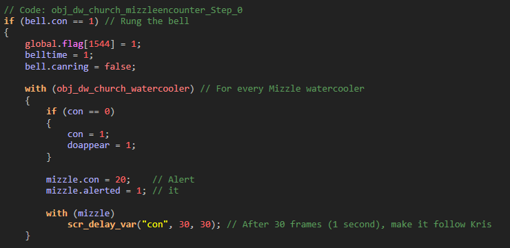 deltarunebugs's tweet photo. This happens because, the "con" variables of each Mizzle get set to 20 when you ring the bell, and are then set to 30 after 30 frames (aka 1 second for a 30 FPS game).
However, when you hit a Mizzle, its con value gets set to 99, which initiates the battle. (2/3) https://t.co/5aV9zNMebR