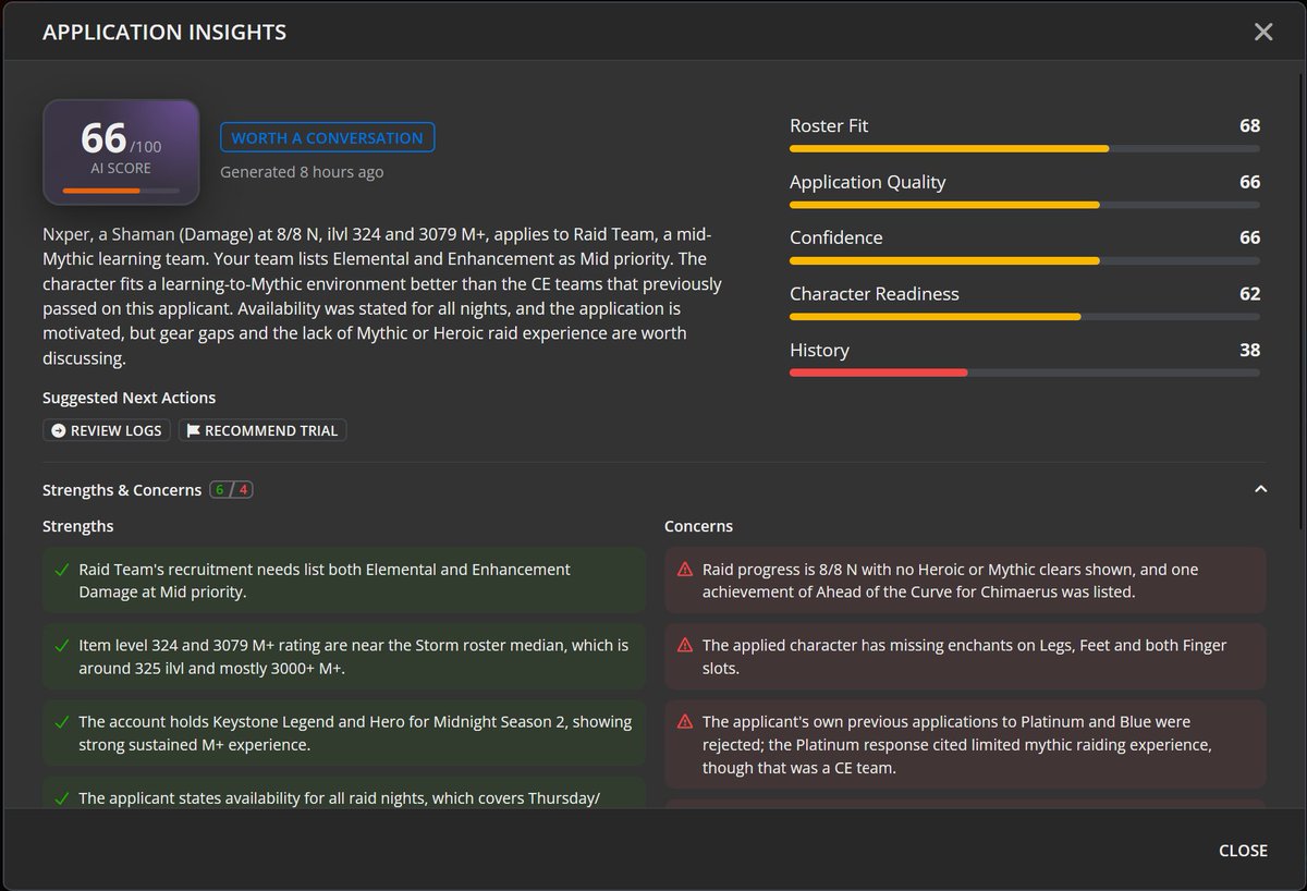 guildsofwow's tweet photo. Recruiting for your guild can be challenging, so Guilds of WoW is here to make it a little easier 😅

Your applications will now be reviewed with AI-powered insights into applicants, including their strengths, roster fit, potential concerns and more.

You'll also get a suggested final verdict and ready-to-use response messages 🤖

Available for Tier 3+ guilds.

Give it a try👉 https://t.co/m0Px2O41q6