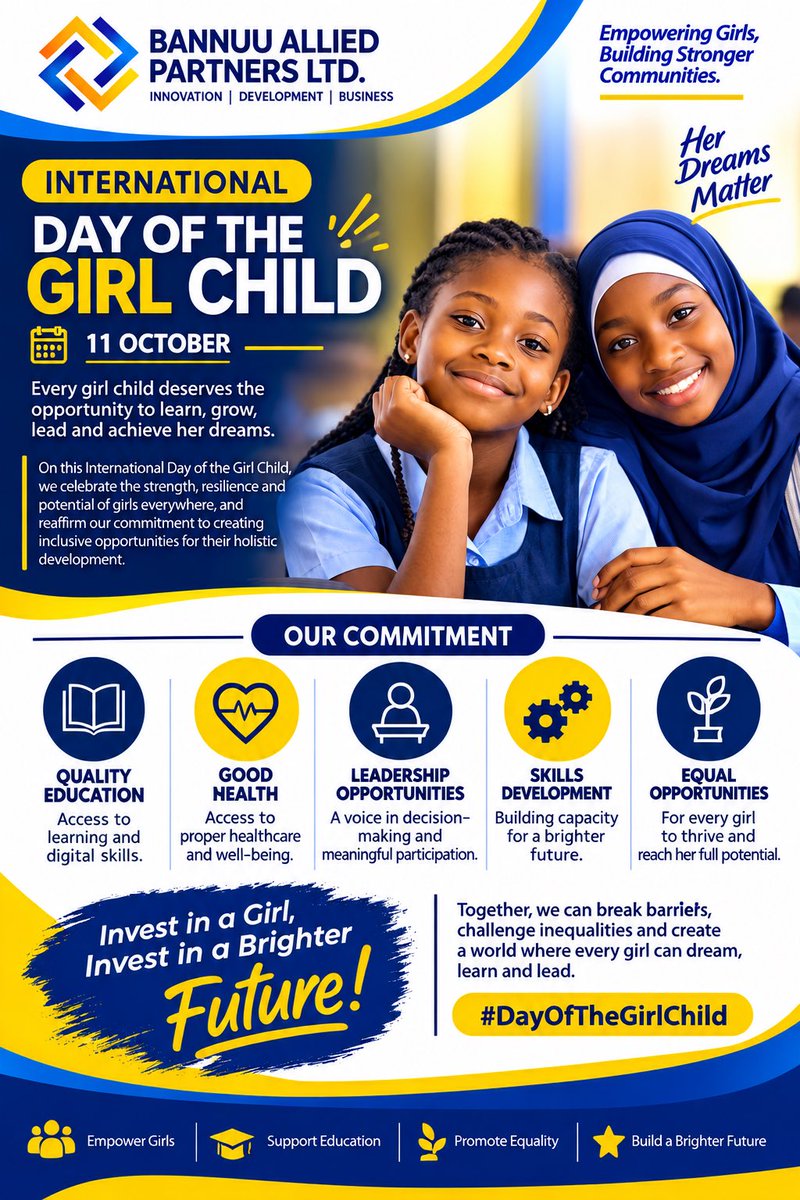 Bannuu_A_Partnr's tweet photo. HAPPY INTERNATIONAL DAY OF THE GIRL CHILD!!

Today, Bannuu Allied Partners Ltd. joins the global community in celebrating the strength, potential, creativity &amp; resilience of every girl child.

Every girl deserves access to quality education, digital skills, equal opportunities https://t.co/PSJQ8PyQ09