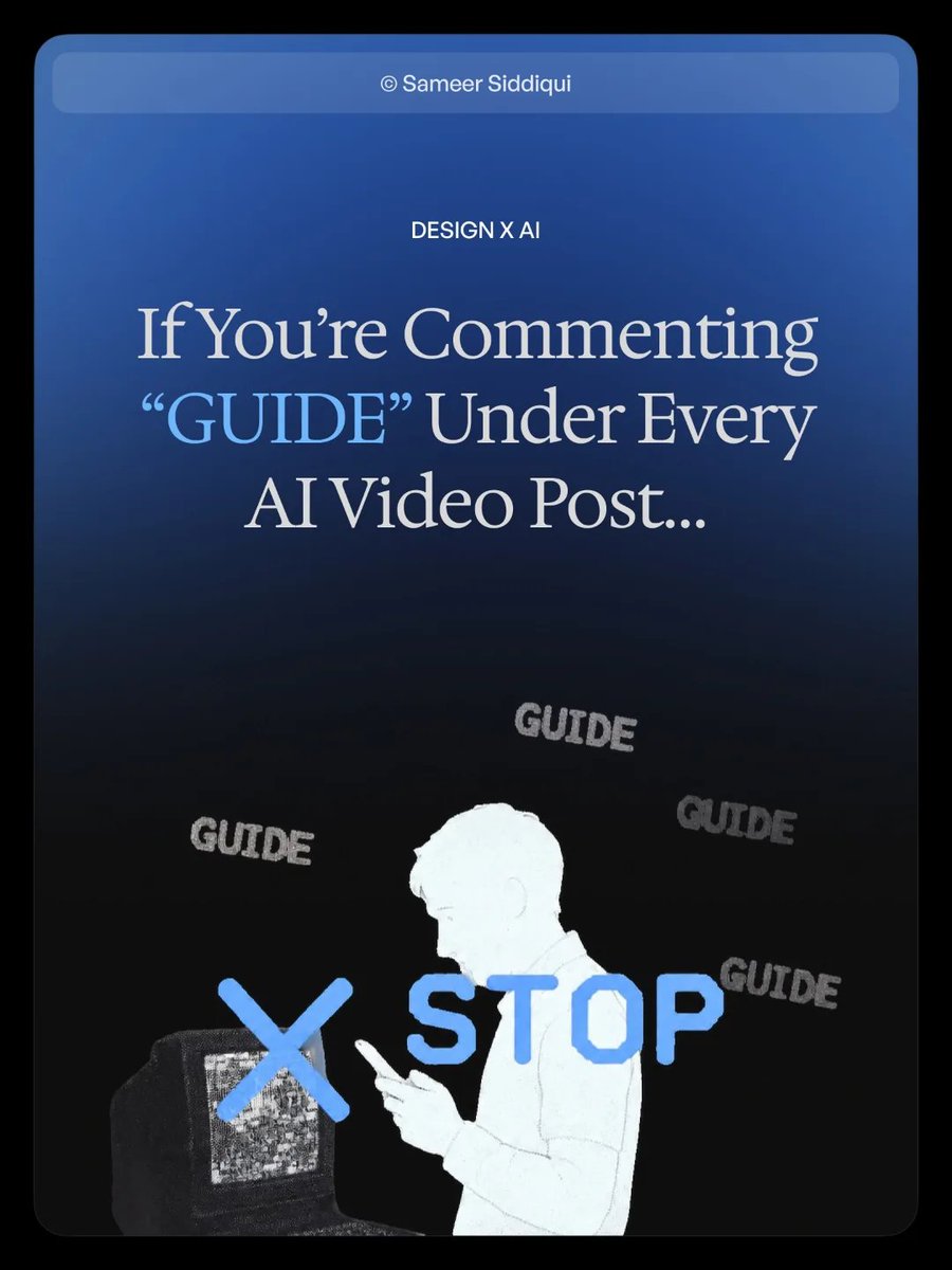 sameersidd_ui's tweet photo. If you're commenting "GUIDE" under every AI video post...

> Stop.

> The real advantage is how you think.

> Why lock the character?
> Why lock the world?
> Why iterate instead of regenerate?

> That's where creativity lives. Not in copying someone else's prompt. Learn the thinking. The prompts will change. The models will change.

> Good creative thinking won't.

> That's All Folks,
> Sameer Out. ✌️