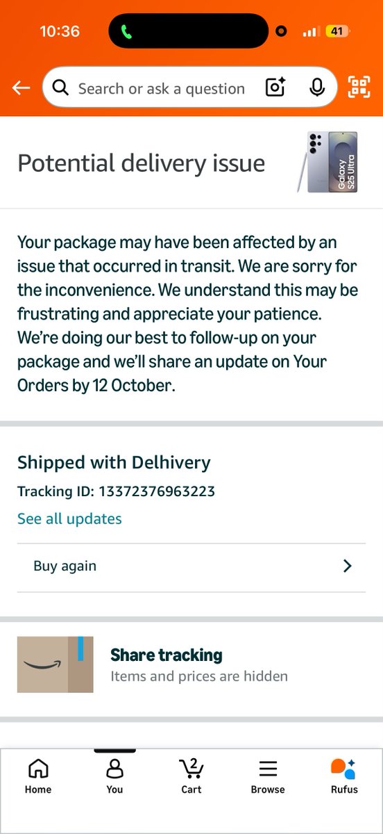 ShubhamShamitab's tweet photo. Extremely disappointing experience with Amazon India I ordered the Samsung S25 Ultra, which kept getting delayed continuously. Suddenly, the app shows a Potential delivery issue. When I called customer care, they casually told me that it will be cancelled! 
​@AmazonIN @AmazonHelp https://t.co/atjcVC0sgn