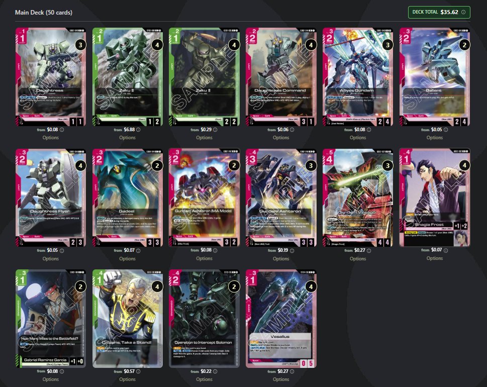 awxcord5's tweet photo. Deck Name: NEW UNEquisition  

Game Plan: 
1) clear ex base asap
2) flood board turn 3-4 and hope people leave the 0/1 token alone
3) commence NEW UNEquisition (citizens, virsago link + AP, support etc)

if haven't win by turn 5, SCOOP 

#GCG #GundamCardGame #ガンダムカードゲーム https://t.co/CHX4u1j5Jz
