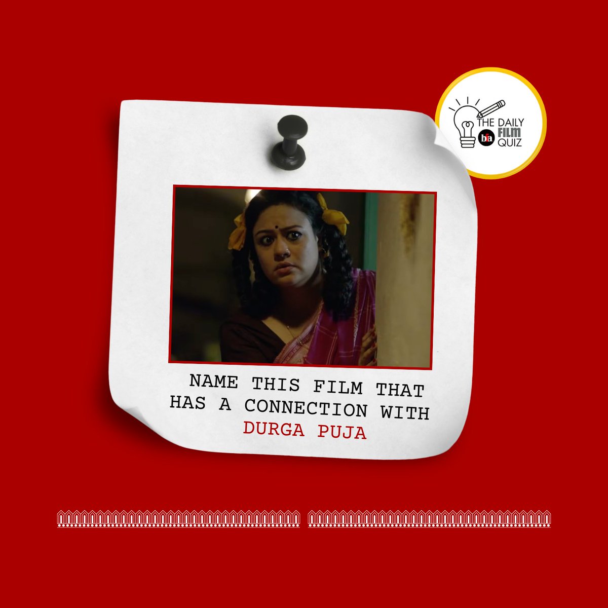 BFABengal's tweet photo. Spot the film! This exact frame doesn't feature the festive sounds of dhak or the grandeur of a Pujo pandal, but the movie has Durga Puja tucked inside. Can you name the movie and its director? #BFA #BengalFilmArchive #Bollywood #dailybfafilmquiz #DurgaPuja #IndianCinema https://t.co/HZozGpJyD9