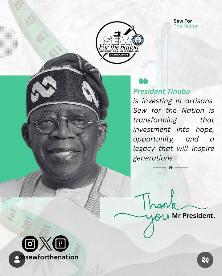 seyitinubulover's tweet photo. President Tinubu is investing in artisans. Sew for the Nation is transforming that investment into hope, opportunity, and a legacy that will inspire generations.

Thank you Mr President for believing in Nigerian tailors, artisans and youth. Your support for skills development https://t.co/2K6OwEzDCx