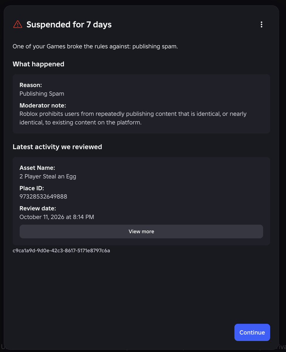 NiteGamesLab's tweet photo. Got Falsely Banned On Roblox! 😭
Please Can Anyone Help! 🙏 

I never broke any rules ever on Roblox, just banned for owning a game counts as publishing spam?!

Appeal ID: 3KYB6ZhEjiMd1suPJwmUQSCXFKH
#Roblox #RobloxDev #RobloxDevs https://t.co/QPCpqy3cAl