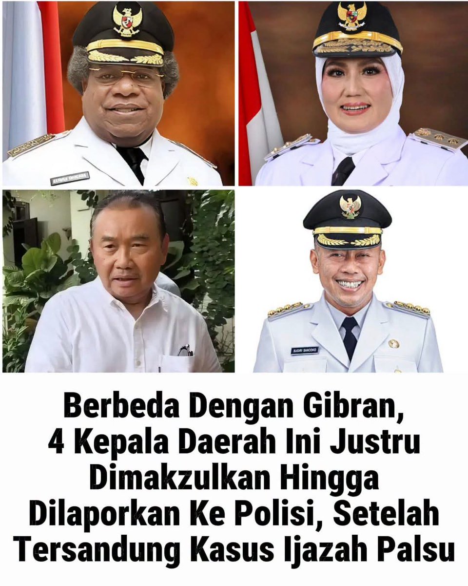 Boediantar4's tweet photo. SAMA-SAMA IJASAH PALSU
APA BEDANYA 4 KEPALA DAERAH INI DENGAN GIBRAN??

DIMAKZULKAN
DILAPORKAN POLISI https://t.co/5drFPDfHyA