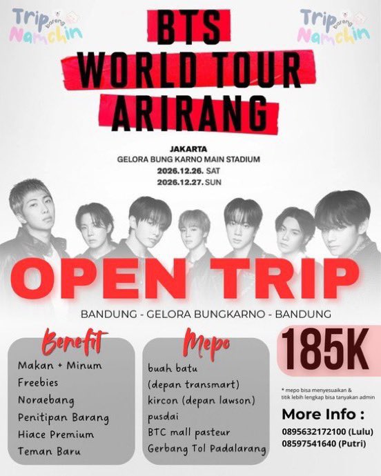 namchintrip_bdg's tweet photo. OPEN TRIP BTS WORLD TOUR ; ARIRANG 🚐💜
Bandung — GBK — Bandung

🎁 FREE PHOTO POLAROID FRAME BANGTAN

💸 185K ALL IN
💰 DP ONLY 85K
✅ Cicilan sampai h-2 
⚠️ SLOT TERBATAS 

Udah siap banget nih ketemu bangtan🤩💜 yu buruan book seatnya sekarang, jangan sampe kehabisan army‼️😍 https://t.co/0jT3e8MsBp