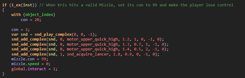deltarunebugs's tweet photo. This happens because, the "con" variables of each Mizzle get set to 20 when you ring the bell, and are then set to 30 after 30 frames (aka 1 second for a 30 FPS game).
However, when you hit a Mizzle, its con value gets set to 99, which initiates the battle. (2/3) https://t.co/5aV9zNMebR
