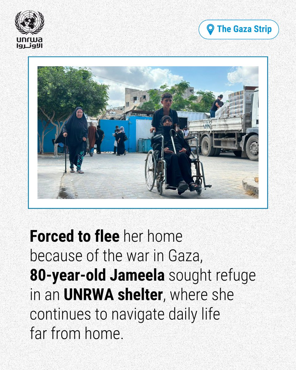 UNRWA's tweet photo. “At my age, I need regular care and medicines to keep going. Displacement has made everything harder but knowing I can still come here and receive medical care gives me reassurance,” says 80-year-old Jameela. 

Through its health centres in #Gaza, UNRWA continues to provide essential healthcare and support to people in need. 

For patients like Jameela, access to care means treatment, reassurance and dignity in difficult times. 

#UNRWAworks #FundUNRWA