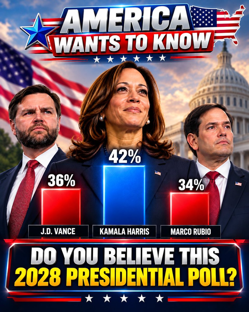 Travelodge_G's tweet photo. 🚨🇺🇸 Do you believe the new 2028 presidential poll showing Kamala Harris leading JD Vance and Marco Rubio?

1️⃣ YES 👍
2️⃣ NO 👎 https://t.co/9fkpuBt6jM