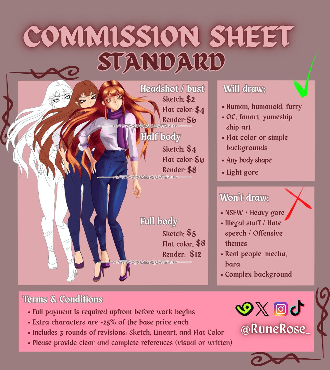 RuneRose_'s tweet photo. ✨🌹 Commissions open 🌹✨

Hi, I'm Rose! I'm a digital artist and these are my commission sheets!

🔺Turnaround time is up to 14 days
🔺 Payments via PayPal 
🔺Terms &amp; conditions in the images

#Commissions #anime #chibi #anthro #furry #fanart #ship #vgen https://t.co/z6E0m7Xzoo