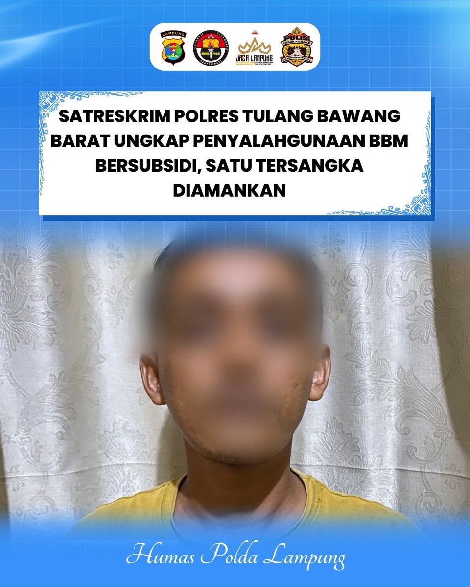 humaspoldalpg's tweet photo. Polres Tulang Bawang Barat Ungkap Penyalahgunaan BBM Bersubsidi, Satu Tersangka Diamankan

Satreskrim Polres Tulang Bawang Barat berhasil mengungkap kasus dugaan penyalahgunaan BBM bersubsidi jenis Pertalite dengan mengamankan seorang pria berinisial AIP (41).

Kapolres Tulang Bawang Barat, AKBP Himmawan Setiawan, S.I.K., https://t.co/PYFyexIIRW., Opsla, melalui Kasat Reskrim AKP Juherdi Sumandi, S.H., M.H., menjelaskan bahwa tersangka diduga membeli Pertalite secara berulang untuk dijual kembali demi memperoleh keuntungan.

Dari pengungkapan tersebut, petugas menyita barang bukti berupa sekitar 295 liter Pertalite, satu unit Toyota Avanza, 12 jerigen, 8 lembar barcode Pertalite, dan 2 pelat nomor polisi. Kerugian negara ditaksir mencapai Rp1.552.440.

Polres Tulang Bawang Barat menegaskan komitmennya dalam menindak penyalahgunaan BBM bersubsidi agar penyalurannya tepat sasaran dan dapat dinikmati masyarakat yang berhak.

#Polri #PoldaLampung #PolresTulangBawangBarat #BBMBersubsidi #Pertalite #PenegakanHukum