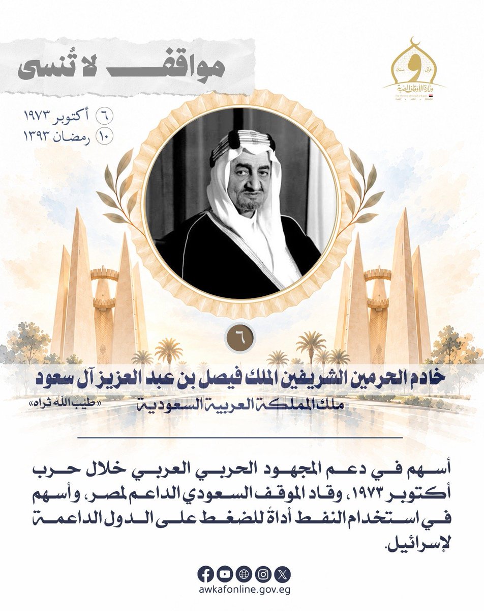 egyptAwkaf's tweet photo. موقف سعودي داعم لمصر خلال حرب أكتوبر ١٩٧٣، تجسّد في توظيف سلاح النفط للضغط على الدول الداعمة لإسرائيل.
#مواقف_لا_تُنسى #نصر_أكتوبر #وزارة_الأوقاف_المصرية #أكتوبر_المجيد https://t.co/gC7Dpl9Oh0