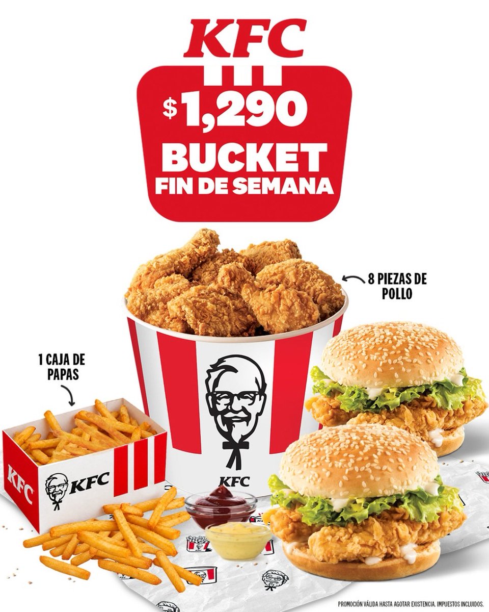 KFCRepDom's tweet photo. ¡Este finde se come bueno y se comparte mejor! 🍗
Disfruta el Bucket del fin de semana por solo RD$1,290. 

Ordena en https://t.co/cVIpPBrWnO.
#KFC #KFCRepDom https://t.co/a9DLxIs3sl