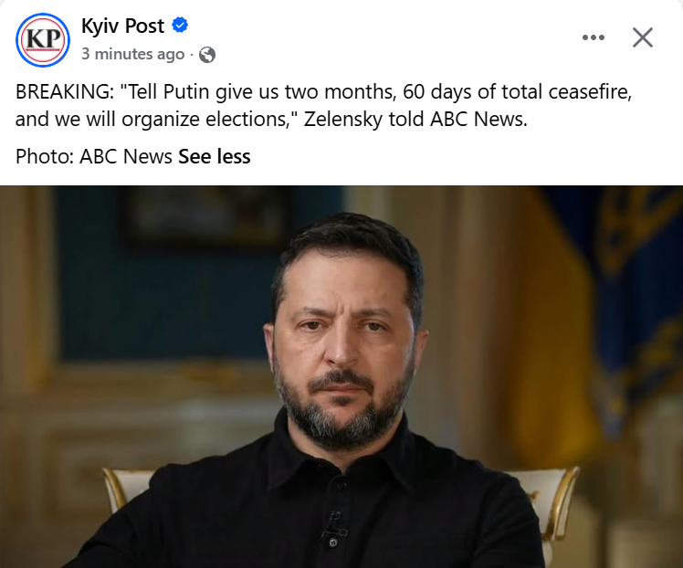 HavryshkoMarta's tweet photo. Zelensky: “We can’t hold elections during wartime. Our Constitution forbids it! Where’s the NAFO army? Come on, guys, tell everyone!”

Also Zelensky: “Tell Putin to give us a 60-day ceasefire, and we’ll organize elections.”🤡

Well, well, well. Turns out the impossible becomes perfectly possible when the Grand Puppet Master demands it. Who knew the Constitution came with an emergency on/off switch?

And apparently, a ceasefire becomes rather urgent when everything around you is falling apart — instead of “winning,” as professional war profiteers keep assuring us.

Funny how reality has this nasty habit of ruining a perfectly profitable victory narrative.