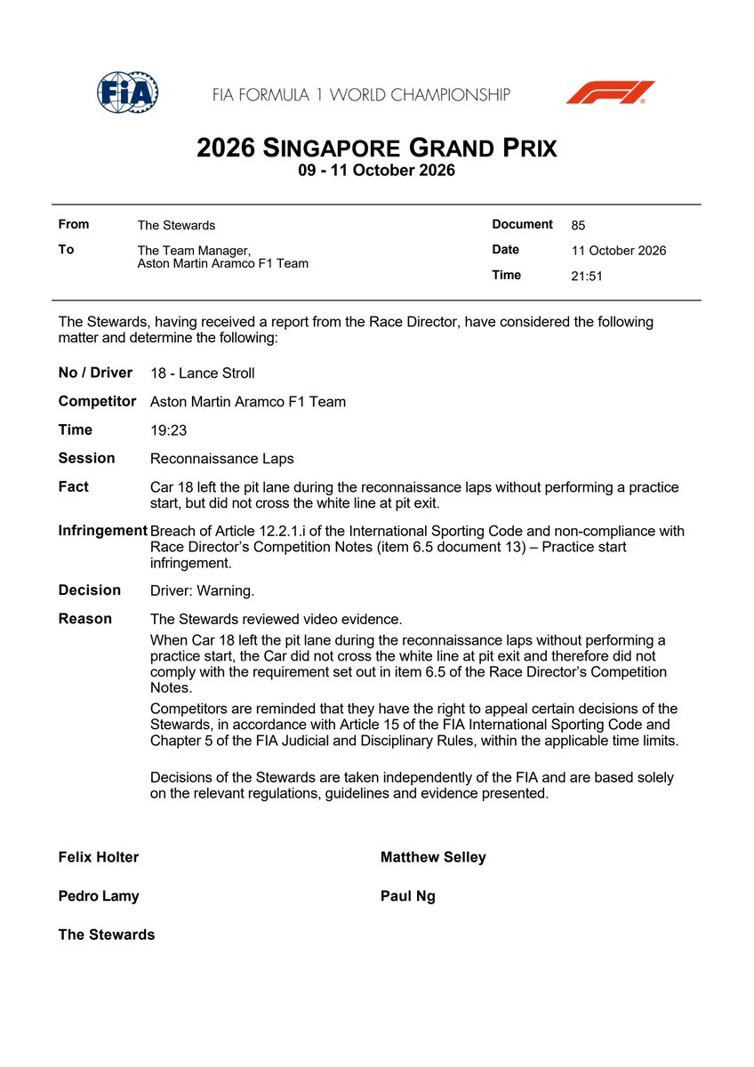 fia's tweet photo. DOC 85 - Infringement - Car 18 - Failure to follow Race Director's Instructions - Practice Start https://t.co/nVLPv627jK #SingaporeGP #F1 #FIA https://t.co/MNDLXGwERy