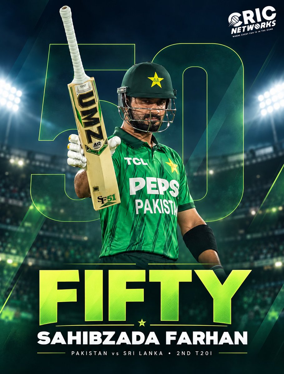 cricnetworks's tweet photo. FIFTY FOR FARHAN! 🇵🇰🏏

Sahibzada Farhan raises his bat after reaching a half-century against Sri Lanka in the second T20I. Keep going, Farhan! 🔥

#CricNetworks #SahibzadaFarhan #PAKvSL #PakistanCricket https://t.co/LfjUVRttB3