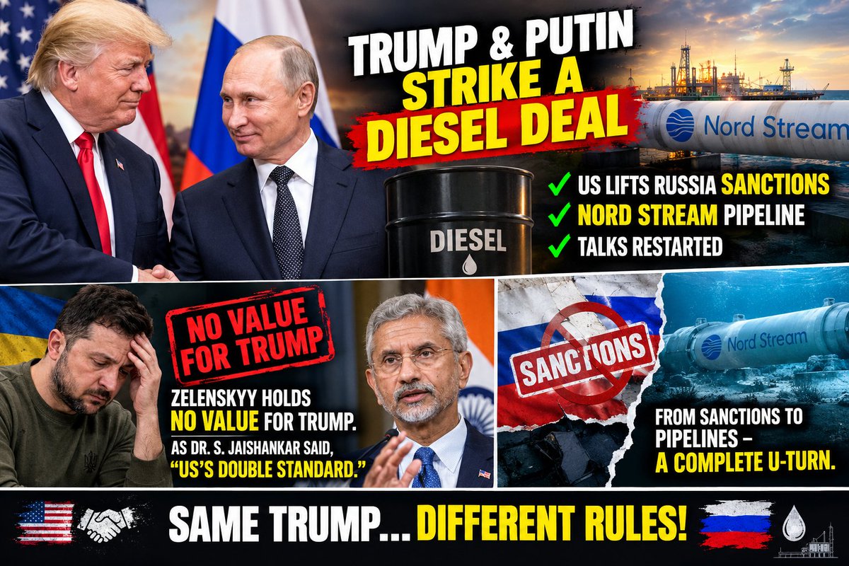 mishrayash17's tweet photo. A fantastic diesel deal is struck between Trump & Mr. Putin. Trump easily lifts sanctions on Russia.Reopening of Nord Stream pipeline.That makes clear Zalanskyy no value for Trump.
#Trump #Putin #NordStream #DieselDeal #Zelenskyy #RussiaSanctions #DoubleStandards #AmericaFirst https://t.co/oWEsbAFEO2