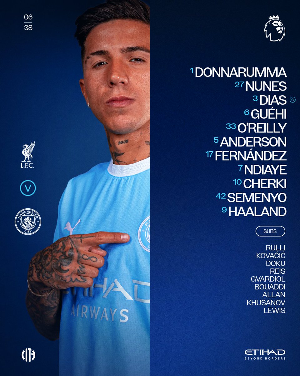 ManCity's tweet photo. Your City XI to face Liverpool 🩵

XI | Donnarumma, Nunes, Dias (C), Guéhi, O'Reilly, Anderson, Fernández, Ndiaye, Cherki, Semenyo, Haaland

SUBS | Rulli, Kovačić, Doku, Reis, Gvardiol, Bouaddi, Allan, Khusanov, Lewis

🤝 @etihad https://t.co/UKRI8p1fWy