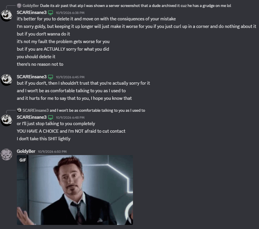 LoudNormal4's tweet photo. "depends on who backstabs me over it"
yes, refusing help from your so called "friends" is considered them "backstabbing" you
you even OPENLY ADMITTED that you were at fault
and yet this is backstabbing to you?
no shame at all

[covered a friend's user] https://t.co/XnwbJ6tkx4