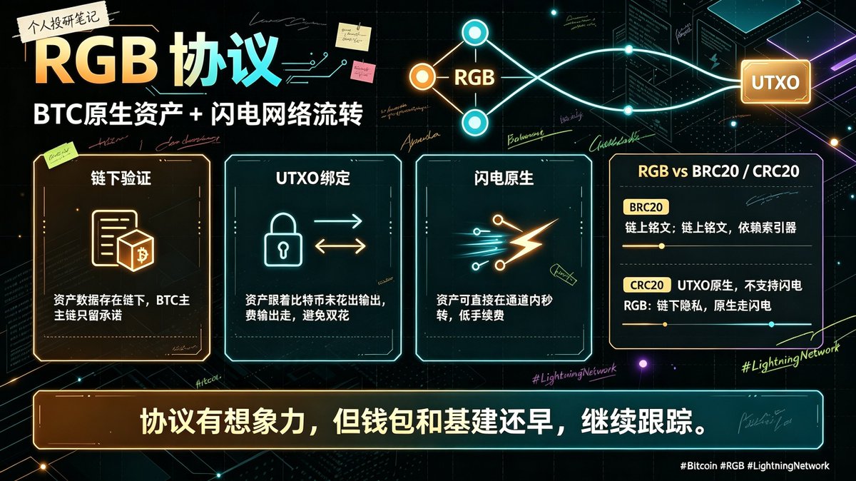 chainbuilder168's tweet photo. 这几天RGB的讨论多了起来，价格也是涨的疯（作为自身被套者），果然拉盘解千愁，它是适配闪电网络的BTC原生资产协议，核心是客户端验证。资产数据放链下，BTC主链只留存密码学承诺，不占用区块空间，资产能直接在闪电通道快速流转，不用跨链桥。
 
简单对比：BRC20依赖索引器，没法原生走闪电；CRC20不用索引，但不支持闪电通道。RGB自带隐私，可发代币、NFT。
 
不过他的协议复杂，钱包生态还偏早期。虽然Tether打算在上面发稳定币，但基建还没大规模铺开，属于值得持续跟踪的BTC技术路线。持续关注！ #rgb #pprgb #brc20 #crc20  #闪电网络