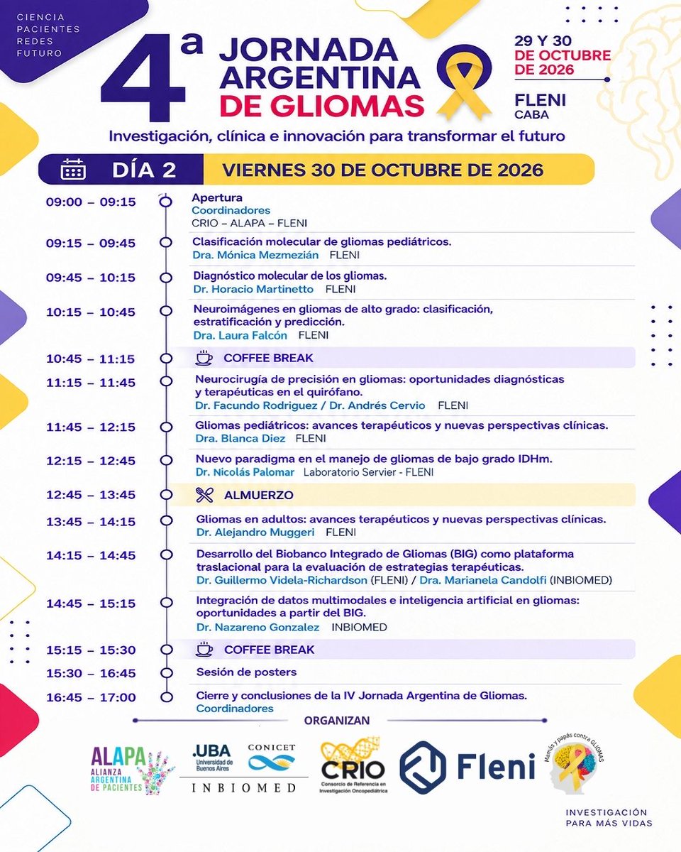 GliomaD's tweet photo. 🧠🎗️ **¡Los invitamos a participar de la 4ª Jornada Argentina de Gliomas!**

📅 29 y 30 de octubre de 2026
📍 FLENI Belgrano, Buenos Aires
💻 Presencial y virtual (Zoom)
✅ Participación gratuita, con cupos presenciales limitados.

Dos días para reunir a investigadores, profesionales de la salud, estudiantes, pacientes, familiares y organizaciones alrededor de un objetivo compartido: acercar la investigación científica a la comunidad y contribuir al desarrollo de mejores diagnósticos y tratamientos para los gliomas.

🔬 Investigación básica y traslacional, gliomas pediátricos y de adultos, inmunoterapia, diagnóstico molecular, nuevas estrategias terapéuticas, biobancos e inteligencia artificial.

Porque creemos que acercar la ciencia a la comunidad y conectar a quienes investigan, atienden y viven estas enfermedades es fundamental para avanzar.

📢 También invitamos a investigadoras, investigadores y estudiantes a enviar sus resumenes científicos para participar de las comunicaciones orales del jueves 29 o de la sesión de pósters del viernes 30.

⏳ Recepción de resúmenes hasta el **21 de octubre**.

🔗 Inscripción para asistir FLENI:
https://t.co/NvQ3pZcchr

🔗 Presentación de trabajos CRIO:
https://t.co/Baca18UVm0

Desde CRIO, FLENI, ALAPA y las instituciones que acompañan esta iniciativa, los invitamos a ser parte.

💛 **Los avances necesitan de la ciencia, la ciencia necesita de todos.**

#Gliomas #CRIO #InvestigaciónOncopediátrica