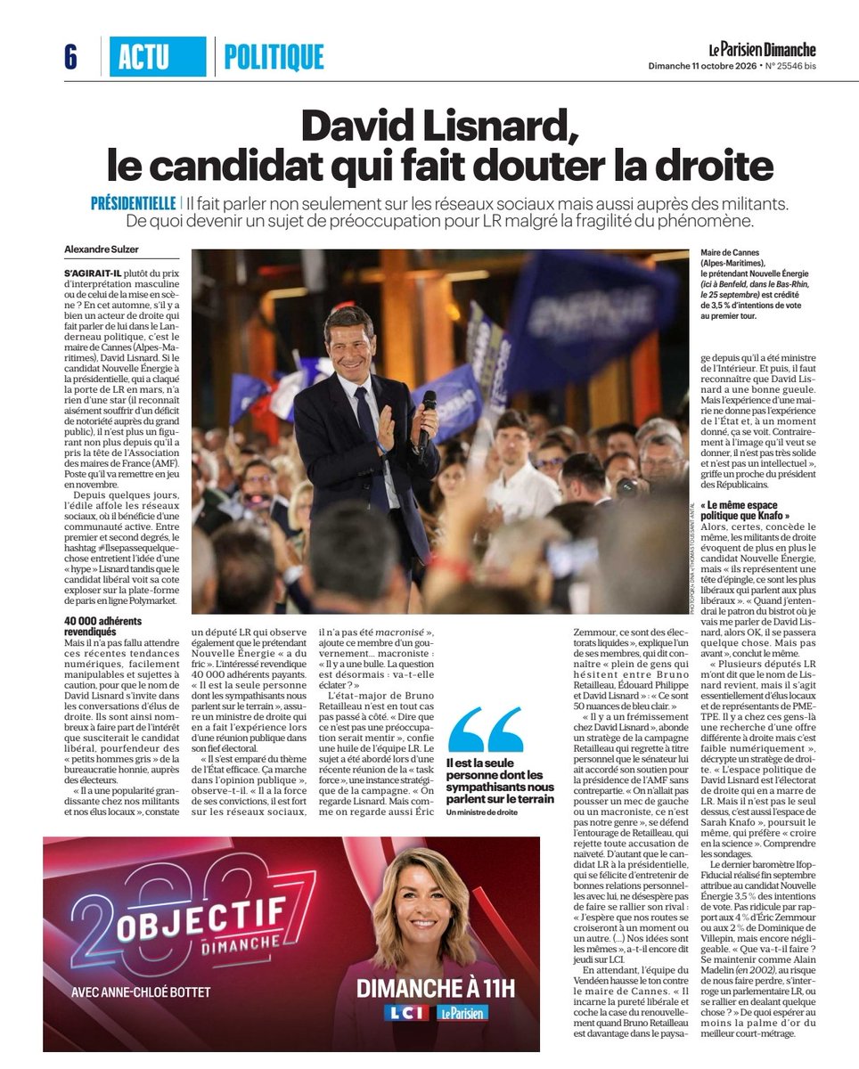 FabienRaynaud's tweet photo. Le Parisien consacre une pleine page à @davidlisnard : sa visibilité grandissante, sa dynamique militante et les interrogations qu'il suscite chez LR.

La présidentielle 2027 s'anime. #OnArrive https://t.co/T7zl3iLZ5S